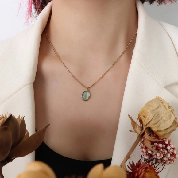 Elegant Stsinless Steel Gold Necklace with Blue Pendant - Picture 2 of 6